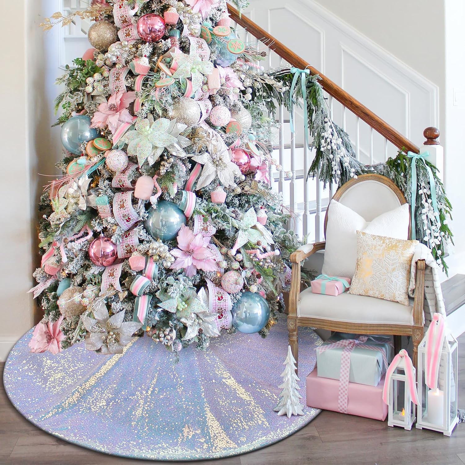 Blue and White Christmas Tree Skirt, Sparkly Sequin Tree Skirt 48 Inches, Xmas Candy Tree Skirt for 6 Ft Tree Decorations, Iridescent Blue Christmas Decorations Ornaments