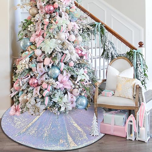 Falda de árbol de Navidad azul y blanco, falda de árbol de lentejuelas brillantes de 48 pulgadas, falda de árbol de caramelo de Navidad para