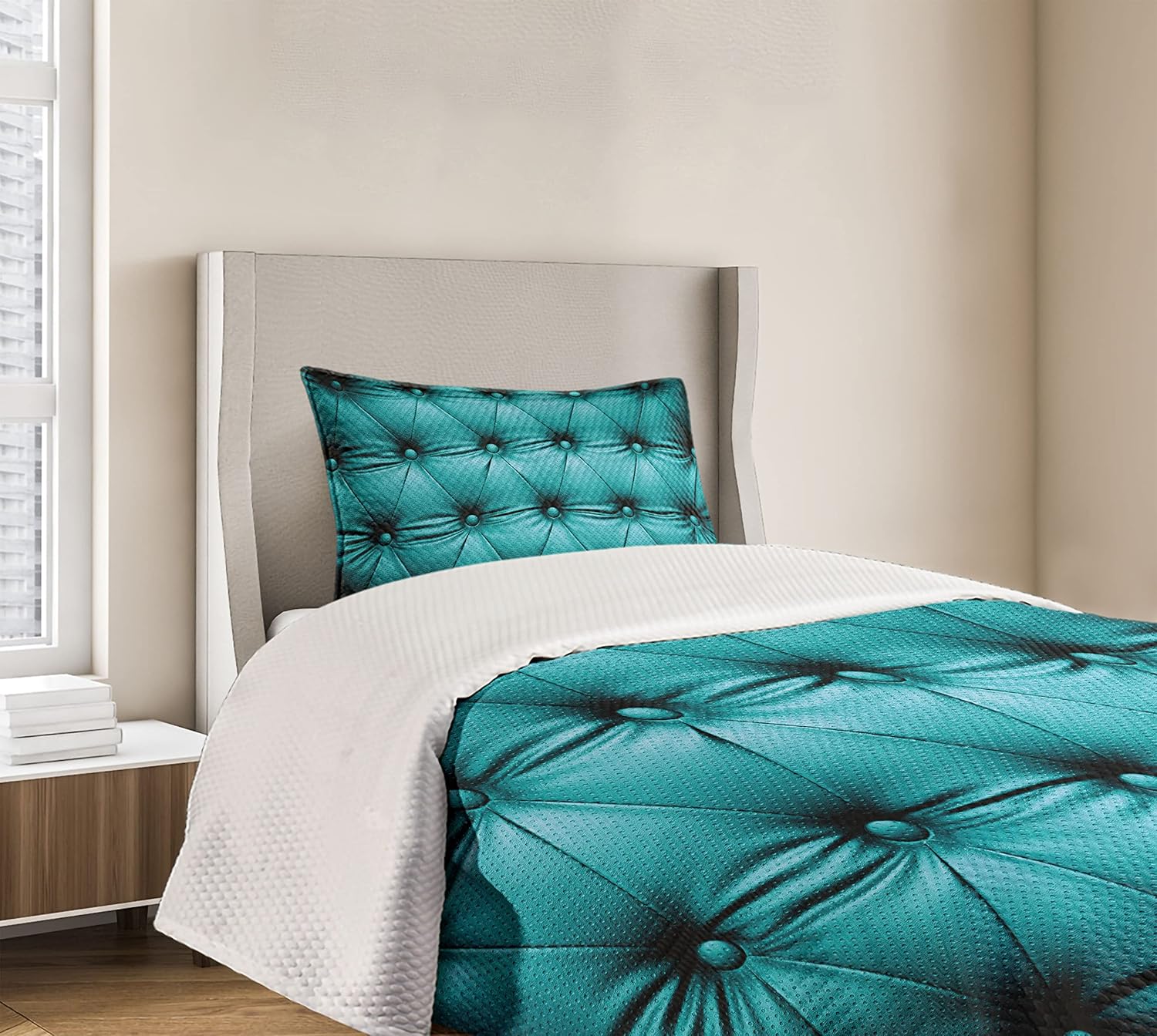 Lunarable Turquoise Bedspread, Buttoned Couch Sofa Bed Headboard Leather Cover Furniture Upholstery Art Print, Decorative Quilted 2 Piece Coverlet Set with Pillow Sham, Twin Size, Teal