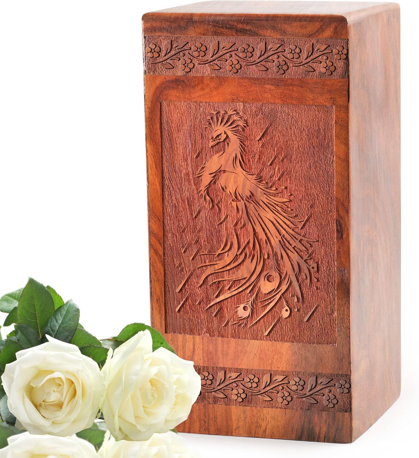 Peacock Urn - 10 Inch Urn - Wooden Urn for Human Ashes Adult - Large Urn for Human Ashes Adult Male & Female, Funeral Urn for Ashes, Urns for Ashes, Cremation Urn for Ashes - Pack of 1