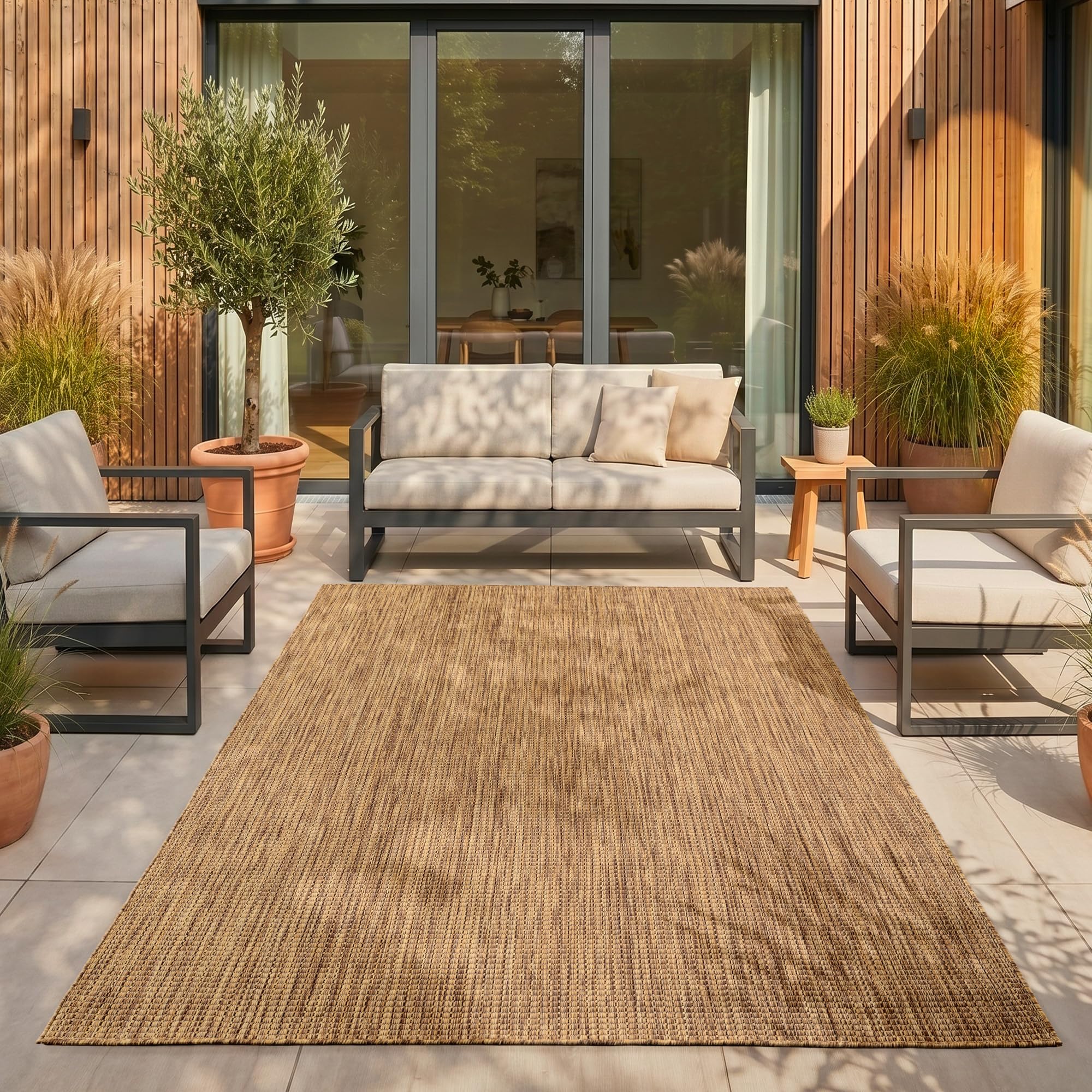 SIMPEX Outdoor Teppich Beige Balkon Terrasse Garten Wetterfest UV-beständig Teppich Einfarbig Flachgewebe Pflegeleicht Robust Modern