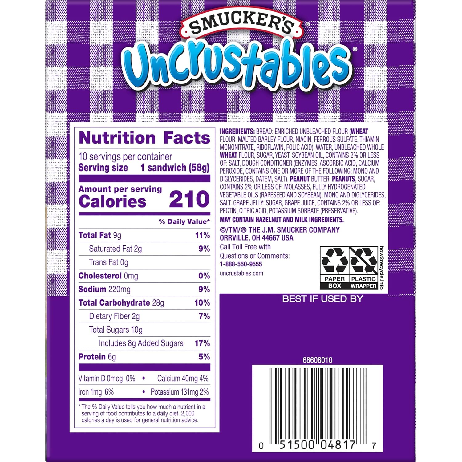 Smucker's Uncrustables Peanut Butter and Grape Jelly Sandwiches, 2 Oz, 10 Ct Box