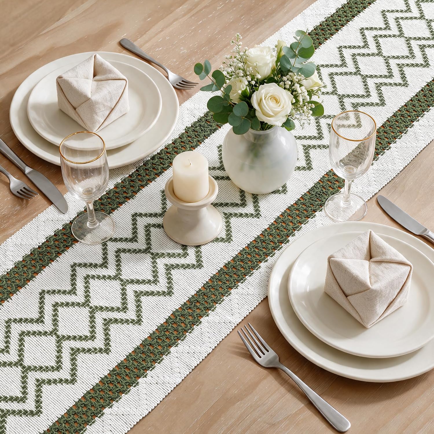 Artoid Mode Army Green Stripe Diamond Woven Table Runner 12x72 Inch