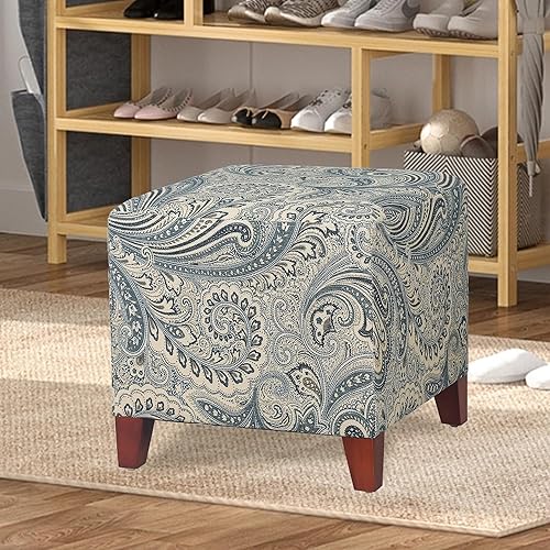 Miniatura 4 de Adeco Reposapiés otomano cuadrado de lino de 16.5 pulgadas, reposapiés cuadrado, reposapiés, asiento cuadrado acolchado con patas de madera para