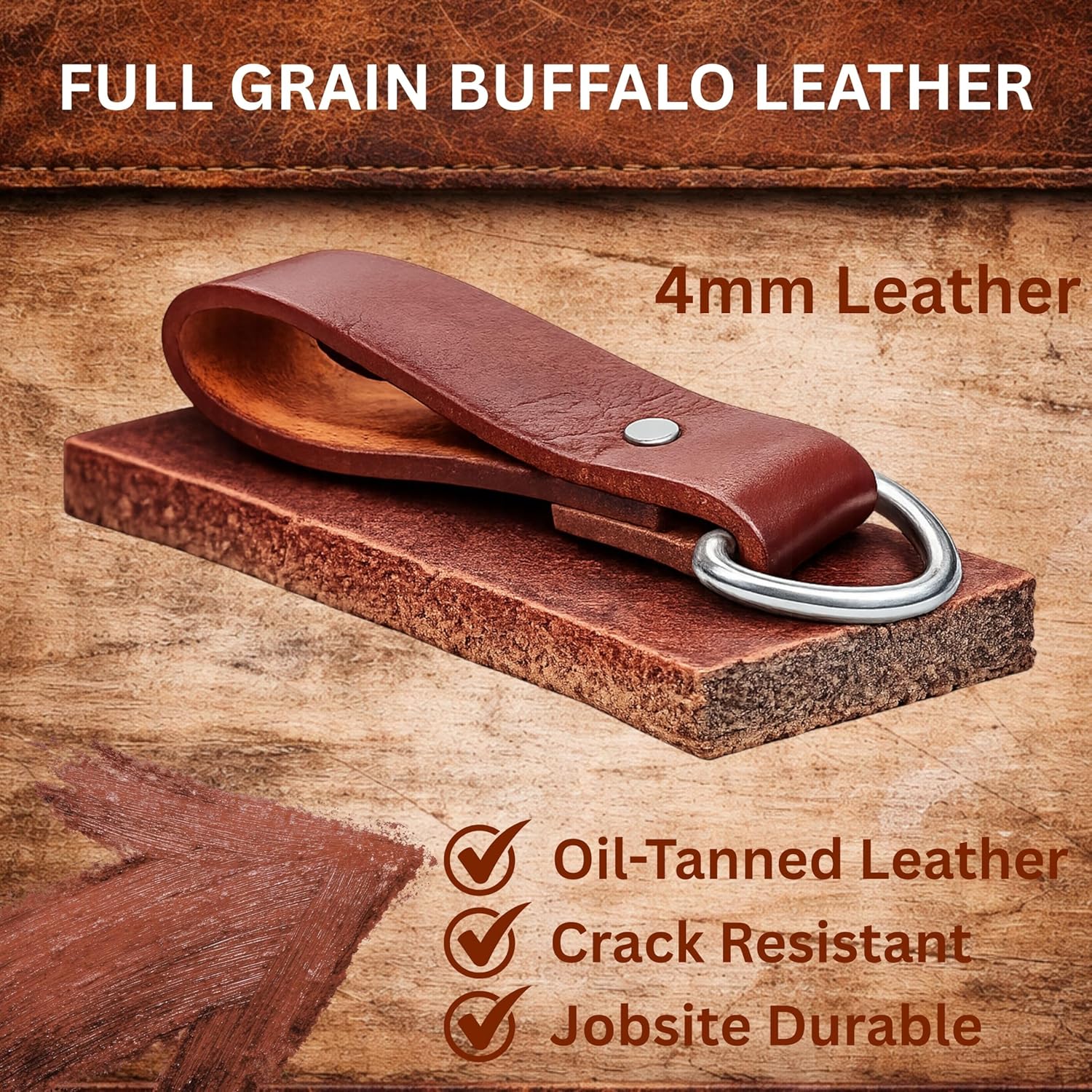 Tool Belt Suspender Loops | 4mm Thick Full Grain Leather Strap Connectors | Reinforced Rivets & Steel D-Ring | Fits 2” & 3” Tool Belts | Carpenter, Framer & Electrician Gear | 4 Pack