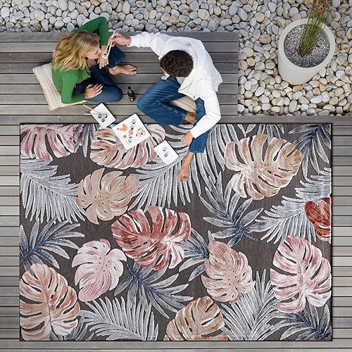 Miniatura 8 de CAMILSON Alfombra para interiores y exteriores, alfombra de 6 x 9 pies, diseño botánico tropical de hojas marrones, fácil limpieza, no desprende
