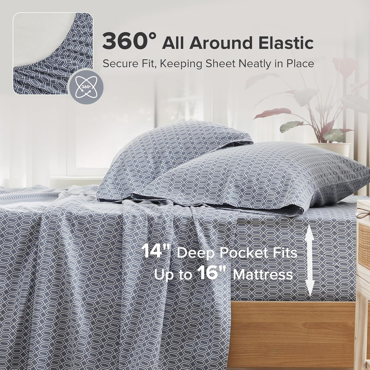 Comfort Spaces 100% Cotton Sheets Full, Breathable, Naturally Cool Cotton Sheets, Soft Cotton Bed Sheets with 14" Elastic Pocket Fits up to 16" Mattress, All Seasons Sheet Set, Diamond Blue 4 Piece - Image 2