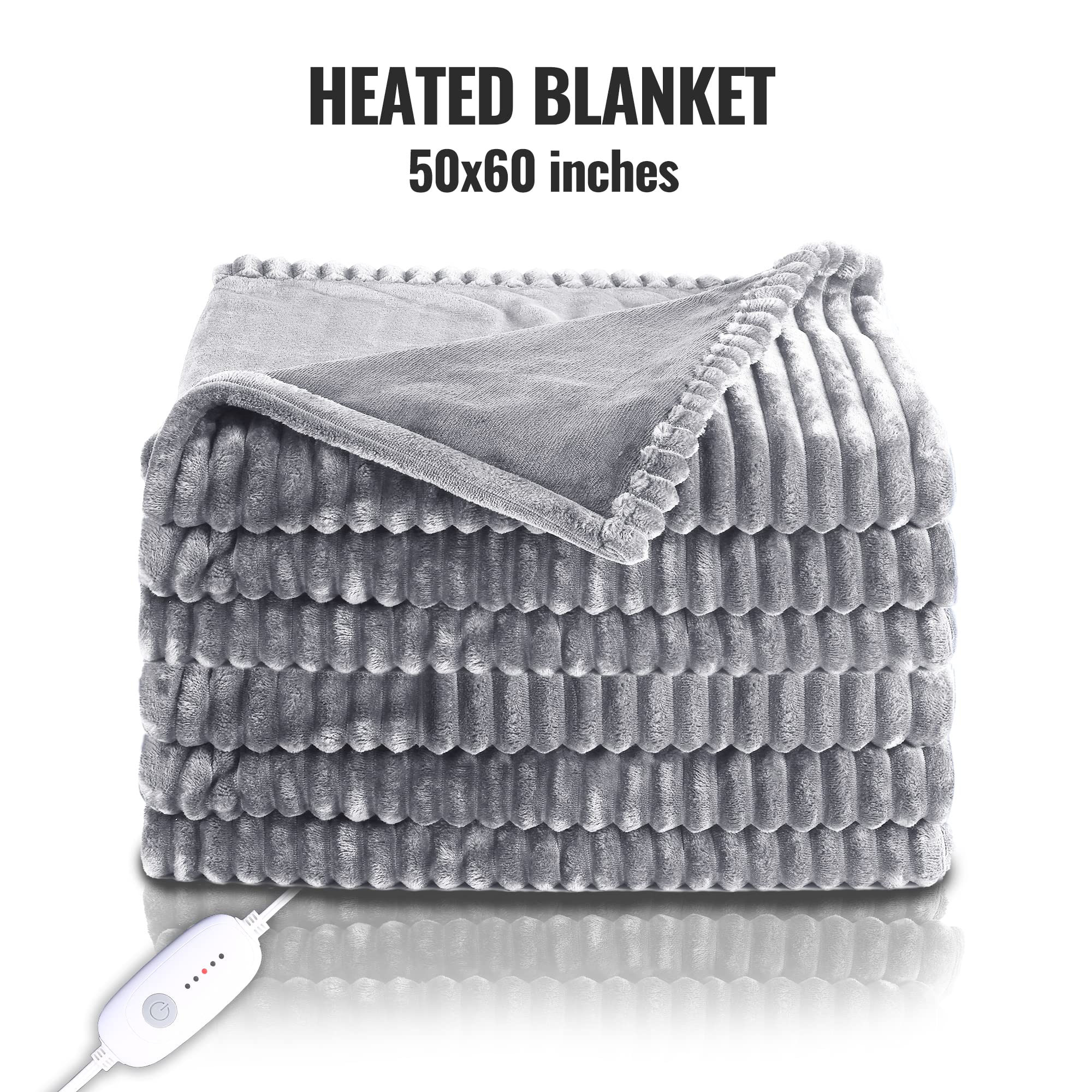 Electric Blanket Throw Size - Heated Blanket 50"x60" Soft Posh Ribbed Flannel- Fast Heat Blanket with 5 Heating Levels & 3 Hours Auto-Off, Overheat Protection for Home Couch, Machine Washable, Grey