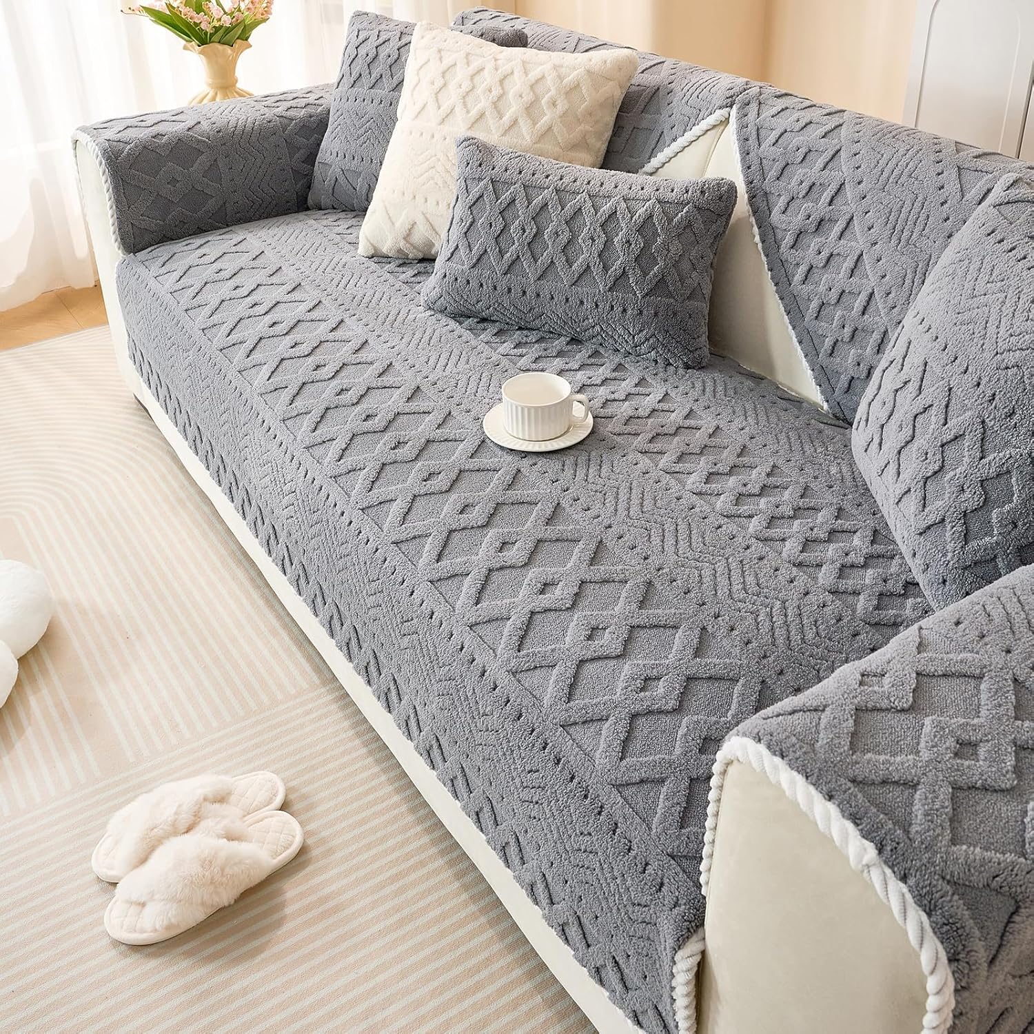 vctops Boho Jacquard Plush Sofa Cover Fluffy Fuzzy Couch Cover for Dogs Soft Cozy Non Slip Sectional Sofa Slipcover Washable Furniture Protector for Kids, Pets (Grey,43"x82")