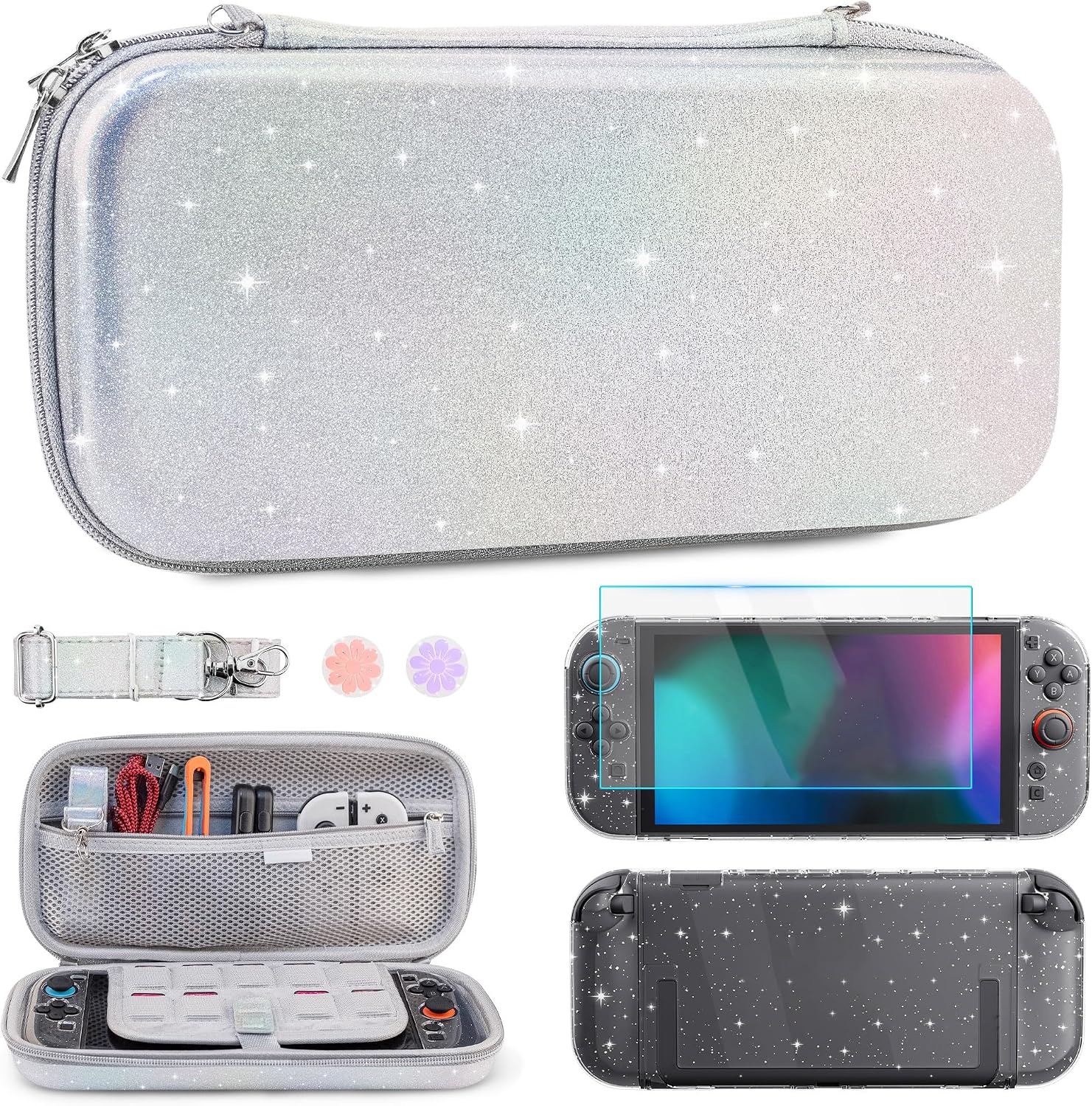 RHOTALL Silver Glitter Carrying Case for Nintendo Switch 2,Cute Slim Hard Protective Travel Carry Case,Clear Flashr Dockable Shell Cover for Switch 2,Screen Protector,Shoulder Strap,2 Thumb Caps-girls