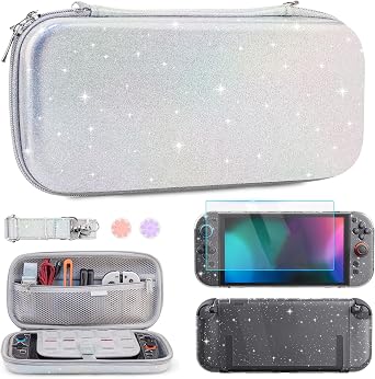 RHOTALL Silver Glitter Carrying Case for Nintendo Switch 2,Cute Slim Hard Protective Travel Carry Case,Clear Flashr Dockable Shell Cover for Switch 2,Screen Protector,Shoulder Strap,2 Thumb Caps-girls