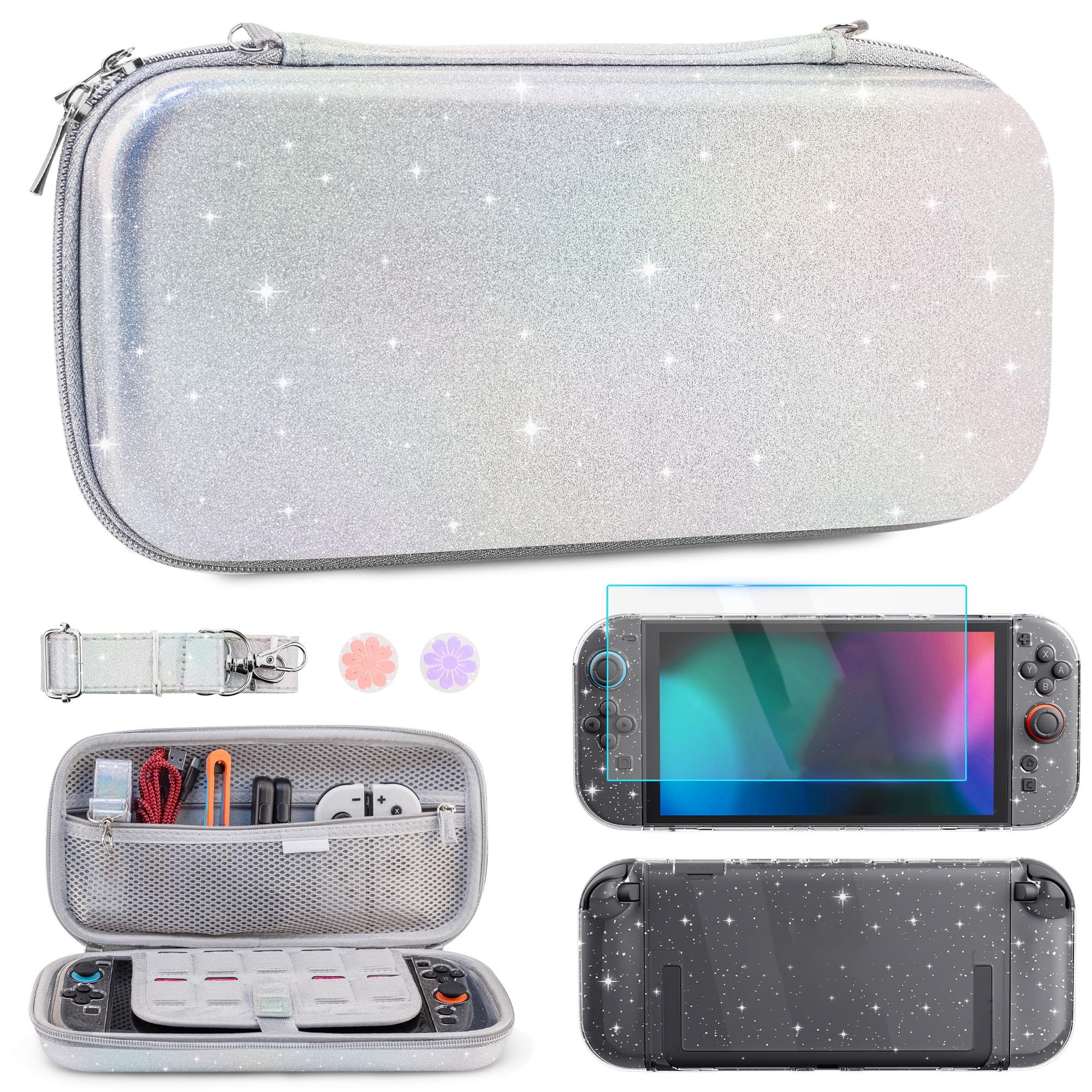 Photo 1 of RHOTALL Silver Glitter Carrying Case for Nintendo Switch 2,Cute Slim Hard Protective Travel Carry Case,Clear Flashr Dockable Shell Cover for Switch 2,Screen Protector,Shoulder Strap,2 Thumb Caps-girls