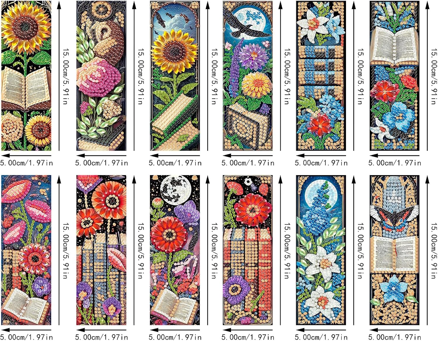 12Pcs Diamond Art Bookmarks Kits for Adults,DIY Small Diamond Painting Bookmark, 5D Diamonds Dot Craft Making for Book Lovers (Books and Flowers)