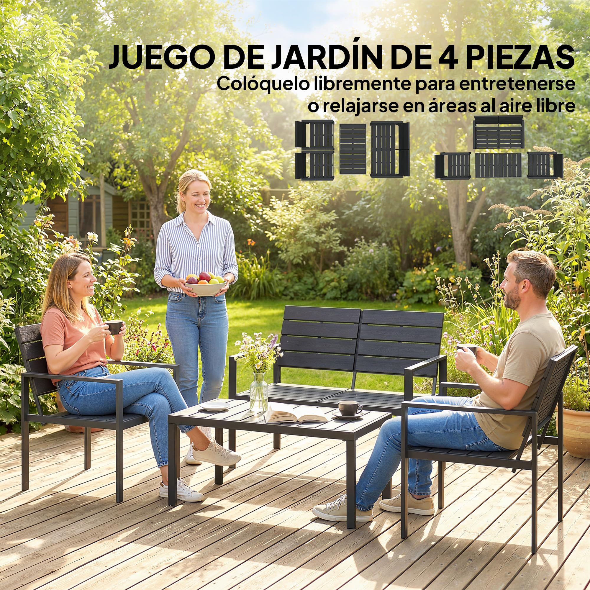 Outsunny Conjunto de Muebles de Jardín para 4 Personas, 4 Piezas, Negro | Sofá de Jardín, Sofá de 2 Plazas, 2 Sillones, Mesa de Centro, Estructura Metálica