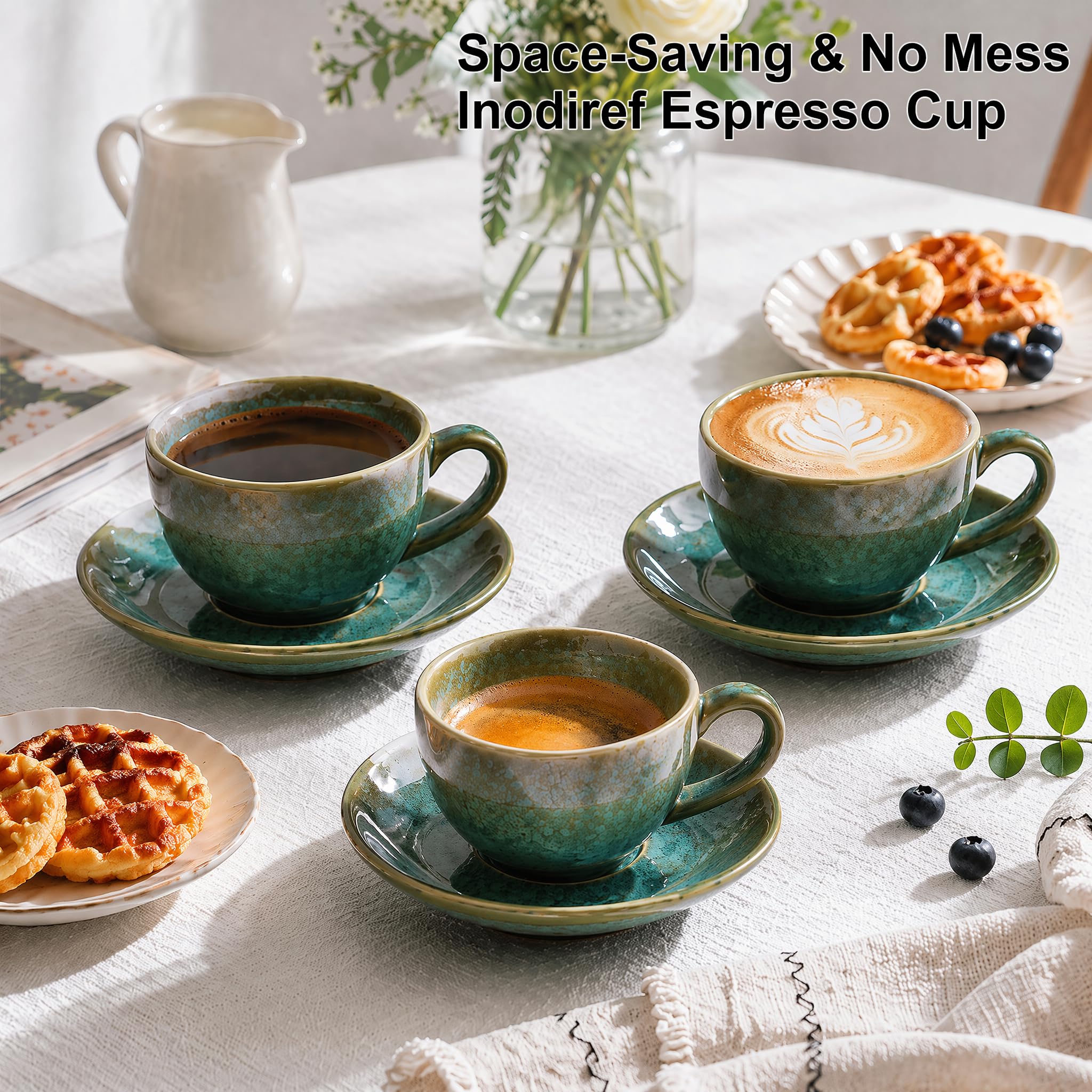4 Espressotassen Set Keramik Hochwertig Espresso Tassen Set mit Untertassen 90 ml Kaffeetassen Set 4er Esspresotasen Spülmaschinenfest Mikrowellenfest(Jadegrün)