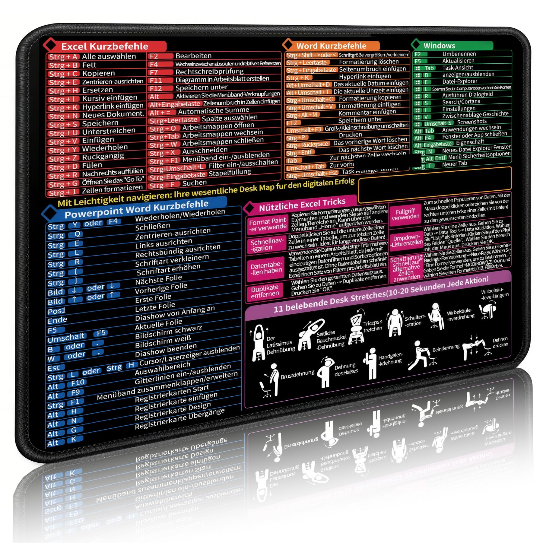 Mauspad 300 x 250 x 3 mm,Tastaturkürzeln Mousepad,Deutsch Mousepad für Excel, Word, PPT, Windows Spickzettel Schreibtischunterlage,Deutsch Mauspad Shortcuts Unterlage Bürozubehör
