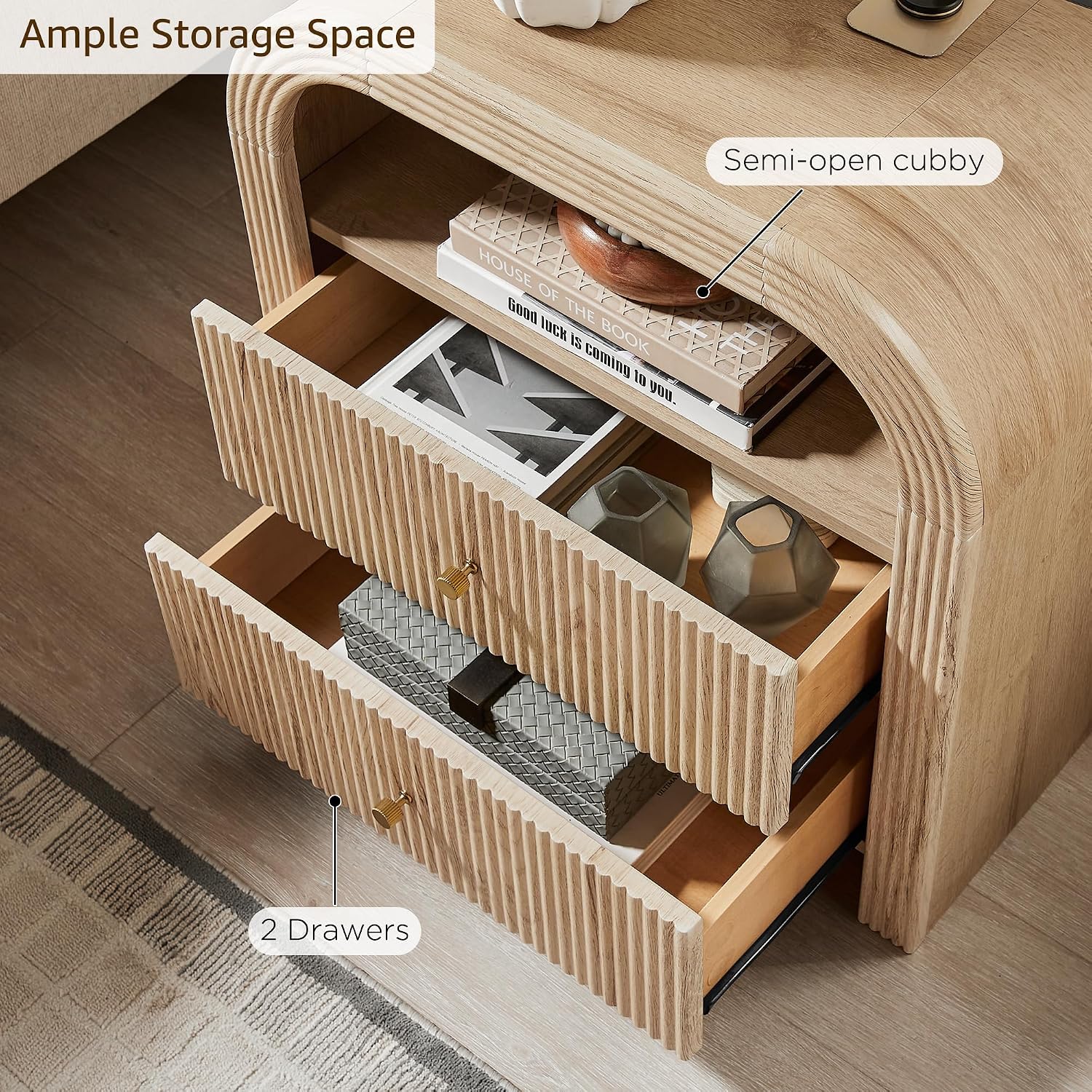  24" Fluted Nightstand Set of 2 with Charging Station, Natural Oak | 2-Drawer Bedside Table, Modern End Table with Storage for the Bedroom or Living Room, Thickened frame, Rounded Silhouette thumbnail