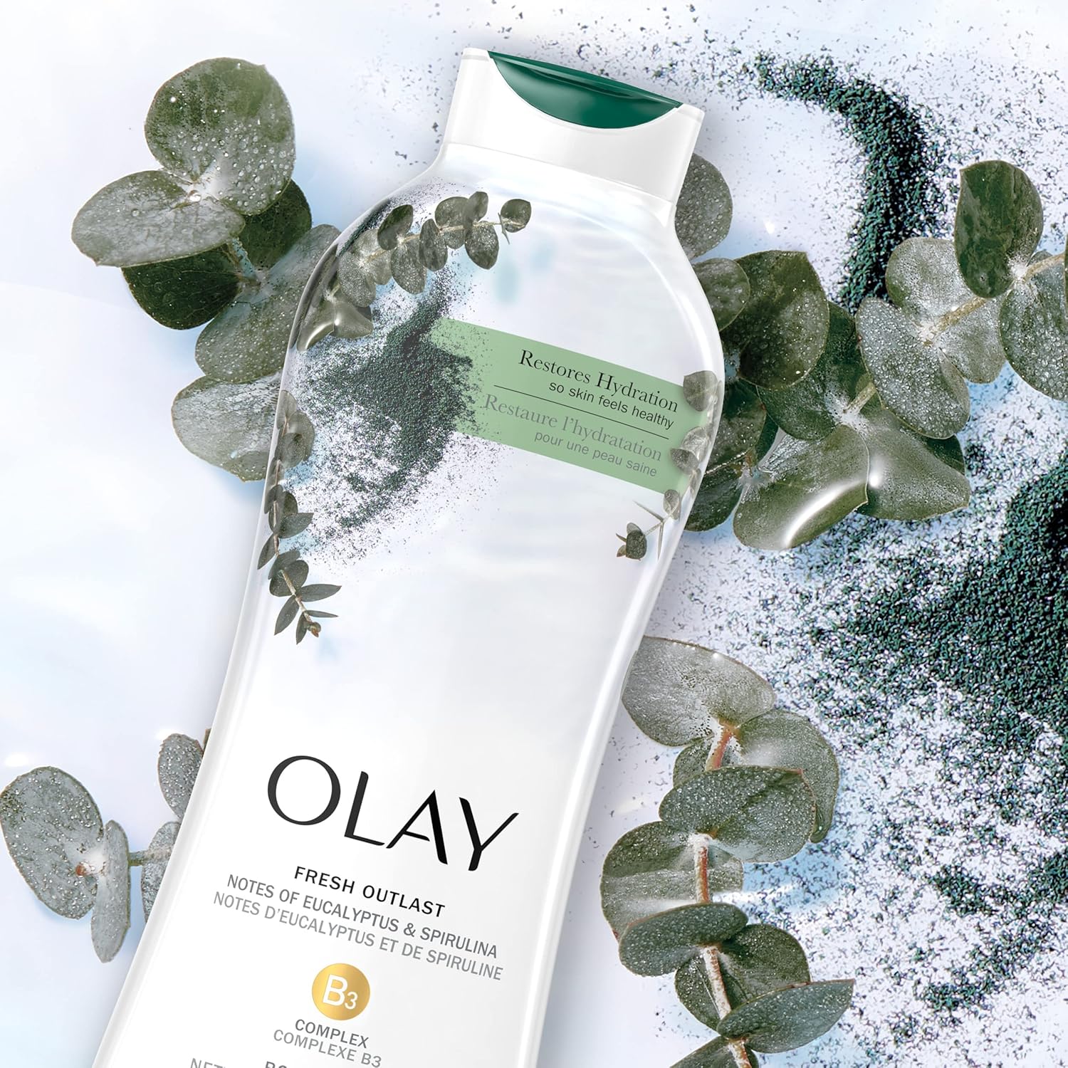 Olay Body Wash for Women, Fresh Radiance, Refreshing & Renewing, Made with Plant Based Cleansers, B3 Botanical Complex, For All Skin Types, Eucalyptus & Spirulina Scent, 22 fl oz (Pack of 4)
