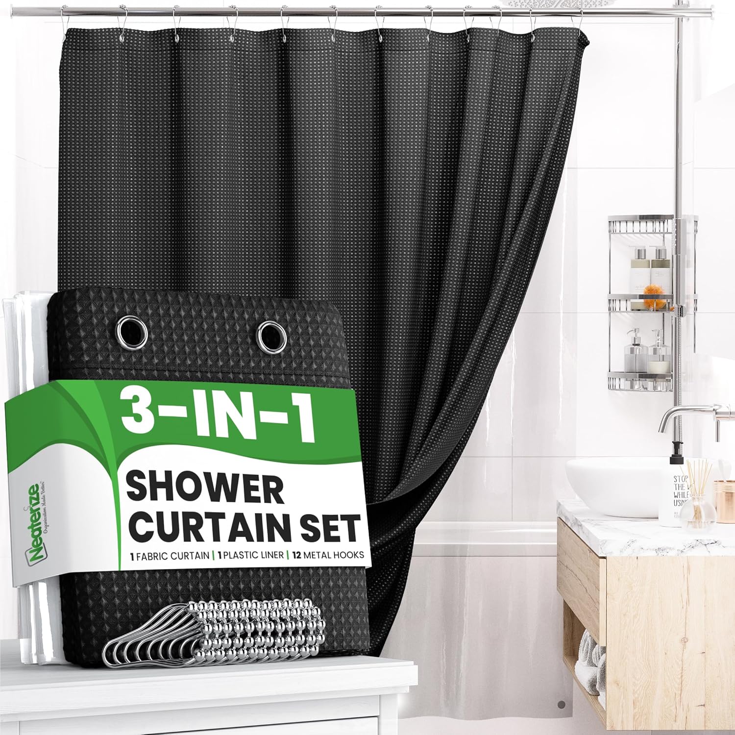 Amazon.com: NEATERIZE 3 in 1 Shower Curtain Set - 72x72 Black Shower ...