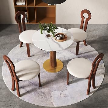Office Reception Table and Chairs Set for 4, White Round Conference Table with Backrest Chair, 5-Piece Space Saving Negotiation Tables Chair for Kitchen, Office, Cafe