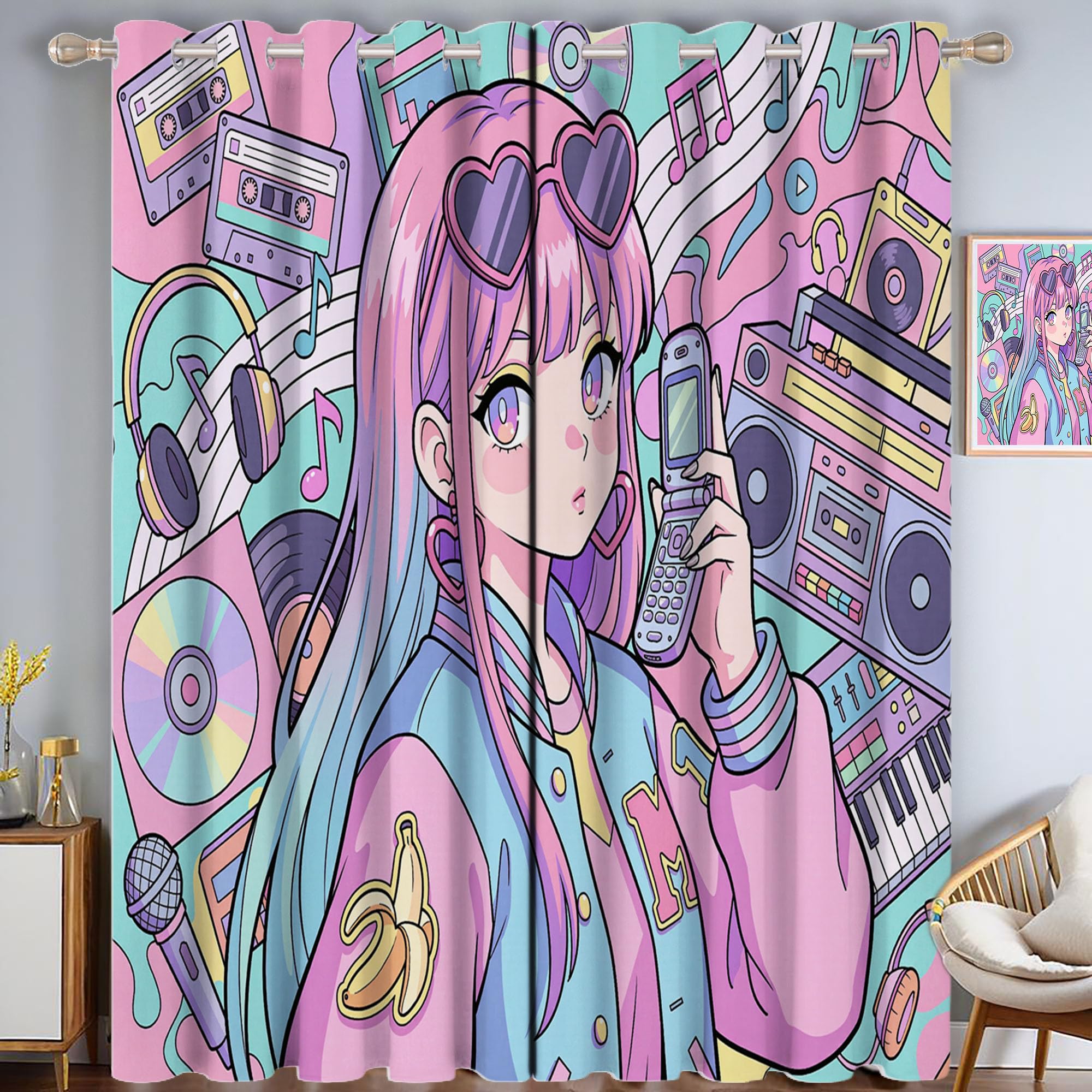 Vorhänge Blickdicht 2Er Set H245Xb140Cm – Anime-Schönheit Japanisches Harajuku-Poster, Rosa-Lila Gardinen Weiche Thermovorhänge Mit Ösen, Kälteschutz Vorhänge Für Schlafzimmer Wohnzimmer