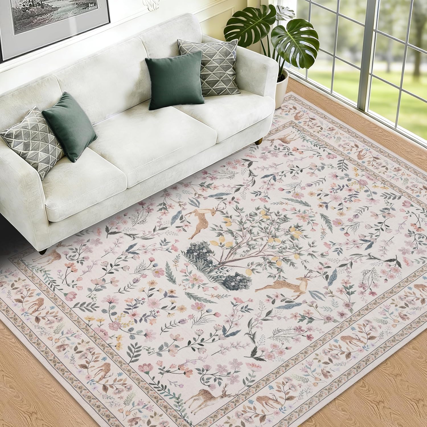 RCTJHOME 8’x10’ Washable Area Rugs for Standard Sofa Living Room/Queen Bedroom, Ultra Soft Non-Slip Accent Large Carpet, Dining Room, Home Office, Low Pile Vintage Rug,Cream Beige Green Pink