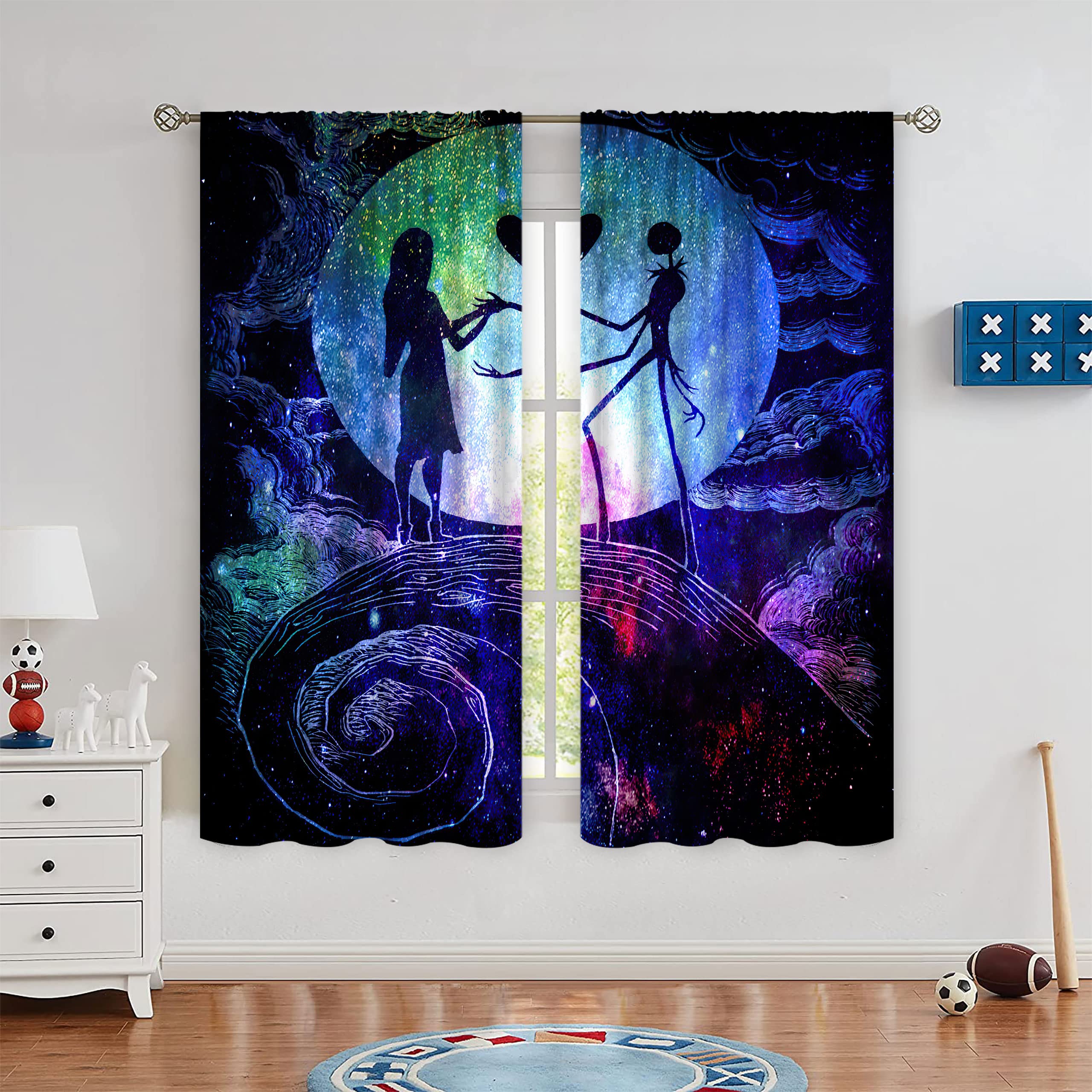 OLYPRO Christmas Kids Bedroom Theme Decor Rod Pocket Curtain,Modern Home dedor Halloween Nightmare Sally Jack Blackout Curtain Thermal Insulated for Living Nursery Room(2 Panels,72 x 84 Inch)