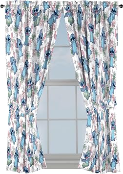 Jay Franco Window Curtains for Kids Bedroom 4-Piece Drape Set with 2 Tiebacks, Multi - Lilo & Stitch, 42" W x 63" L Pack of 2
