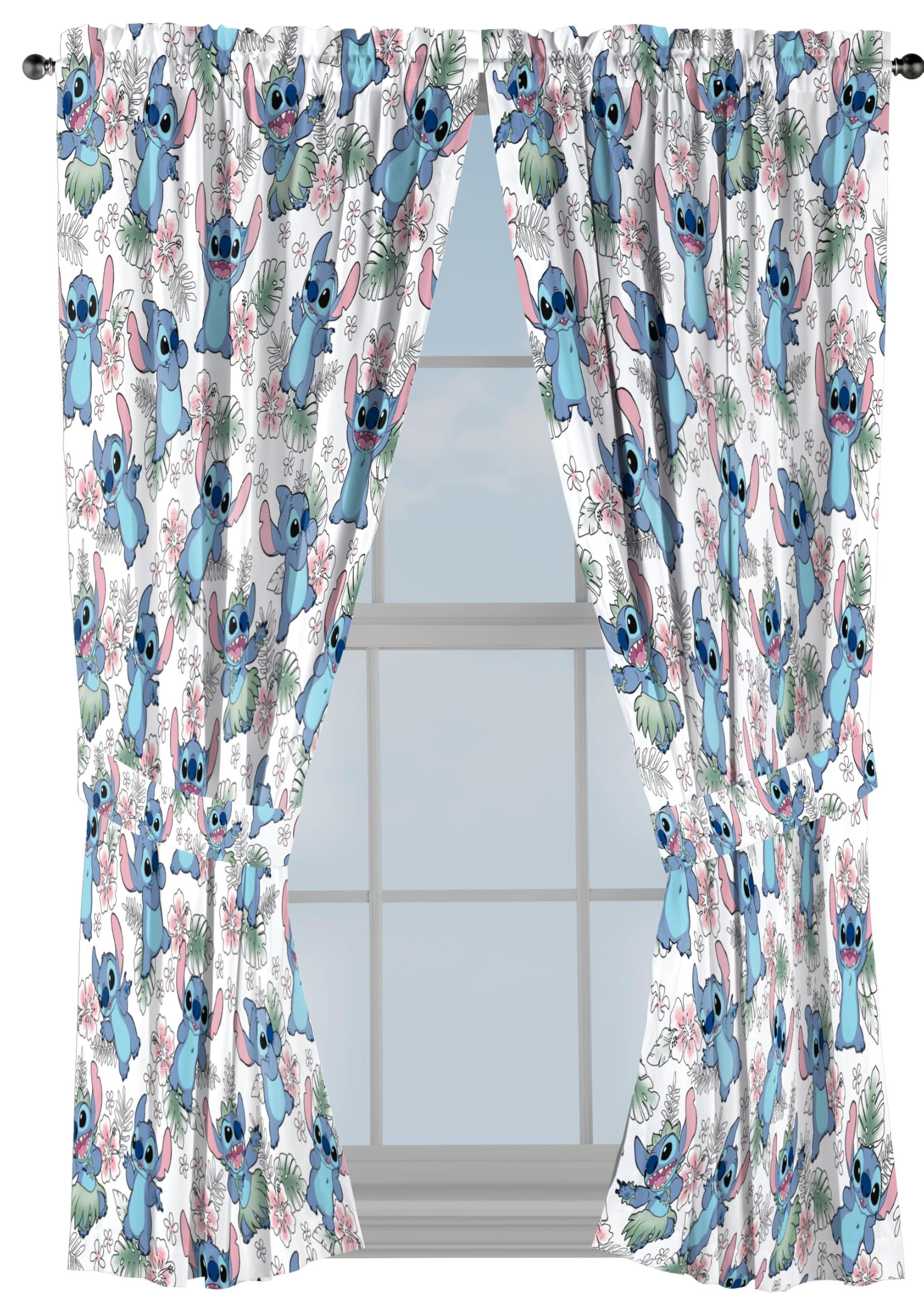Jay Franco Window Curtains for Kids Bedroom 4-Piece Drape Set with 2 Tiebacks, Multi - Lilo & Stitch, 42" W x 63" L (Pack of 2)