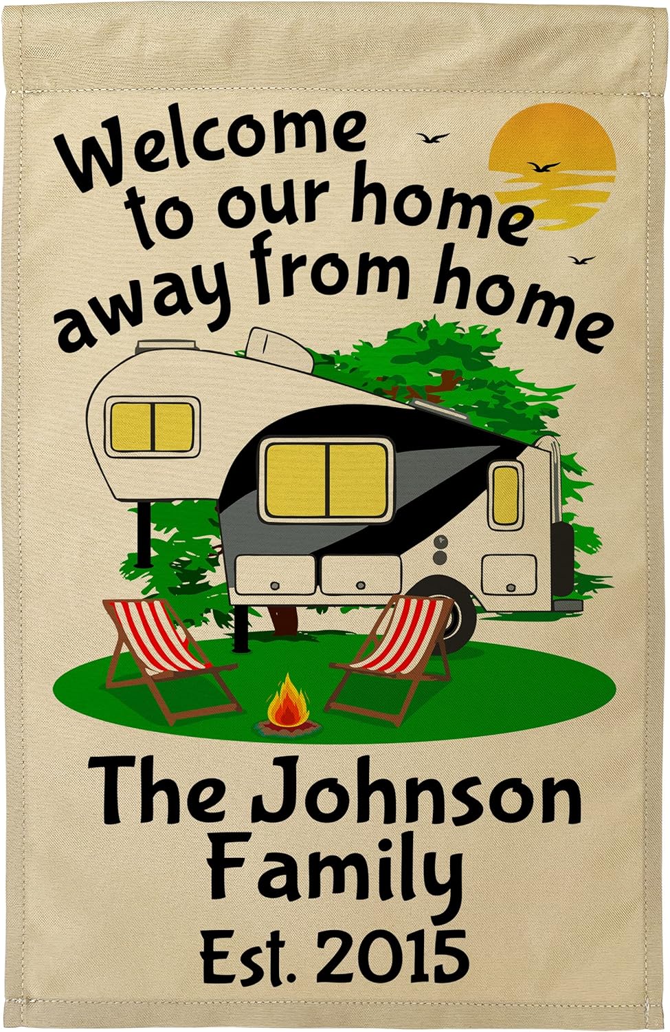 Welcome to our Home Away From Home Personalized 5th Wheel Campsite Flag, Customize Your Way (Black/Gray)