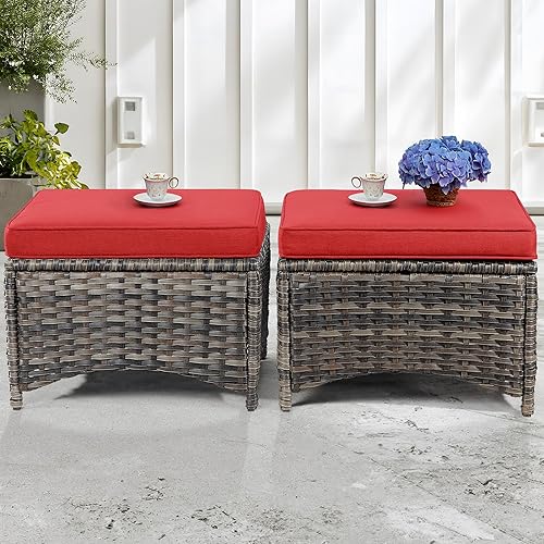 Gardenbee Juego de 2 otomanas para patio, con marco de acero de mimbre de polietileno, con cojines de olefina extraíbles para patio, patio trasero y