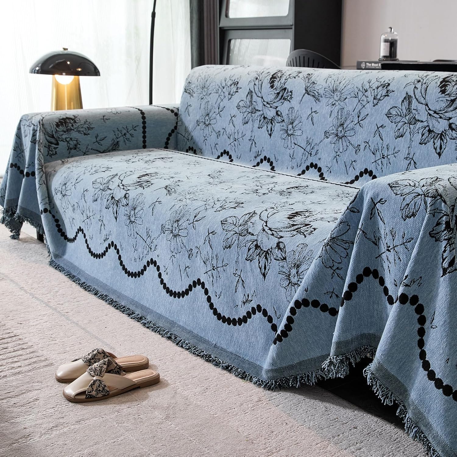 Boho Anti-Slip Couch Cover Soft Pet-Friendly Sofa Cover for Dog Chenille Couch Cover Multi-use Furniture Protector Cover Washable (SMHY-Blue, 71"*134") Smhy-blue 71"*134"