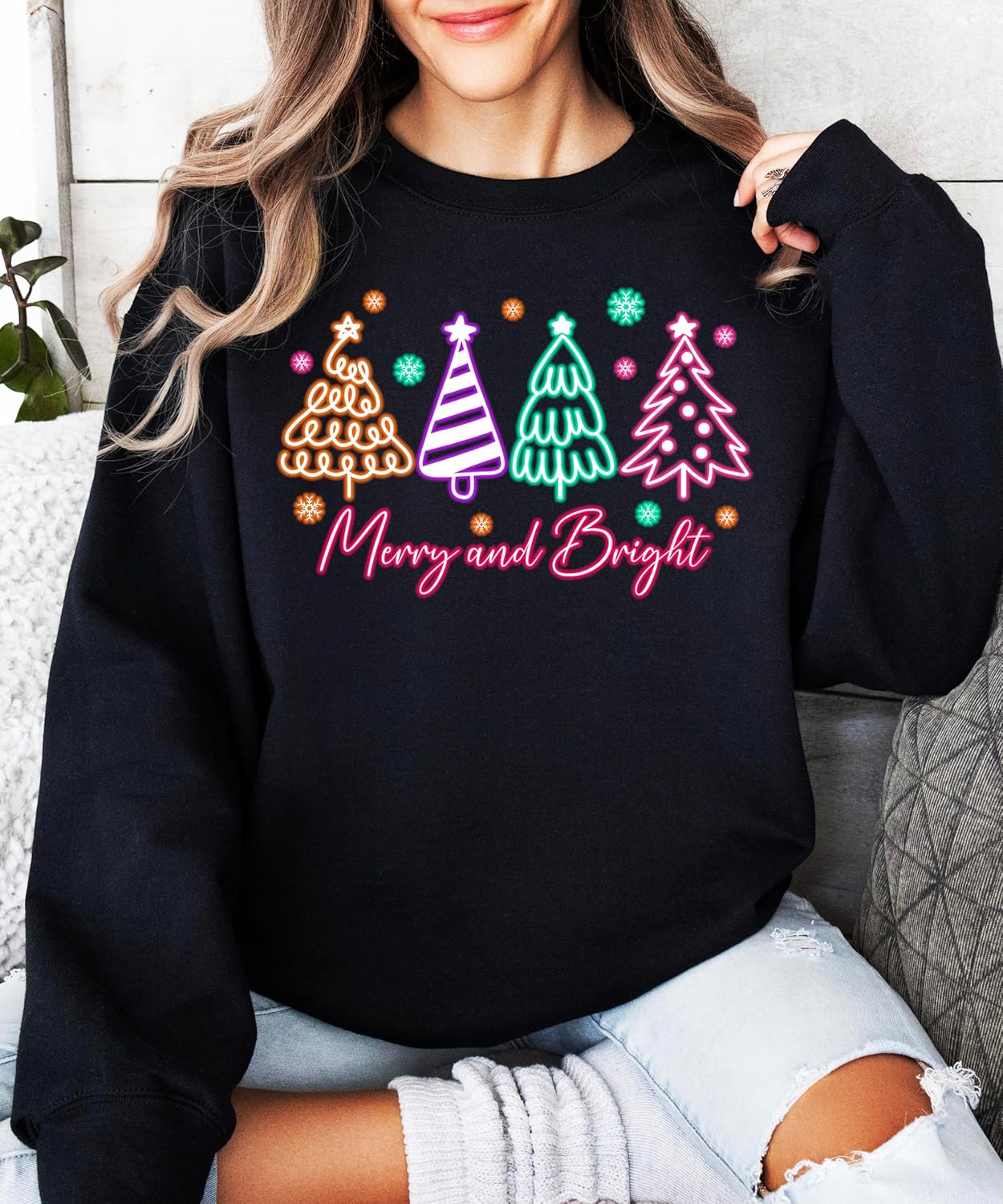 Electric Neon Merry and Bright Sweatshirt for Women and Teens Christmas Trees Pullover