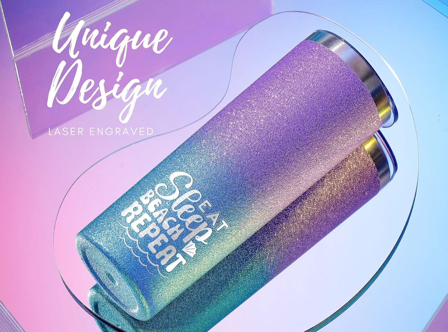 Onebttl Beach Gifts for Women, 20Oz Skinny Tumbler with Lid and Straw, Beach Themed Gifts for Beach Lovers, Glitter Blue & Purple (Eat Sleep Beach) - Image 2