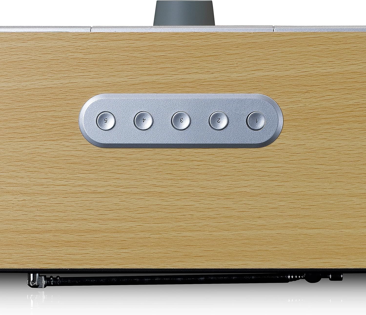 മുകളിൽ view of the Lenco DIR-141 showing five silver preset buttons labeled 1 through 5.