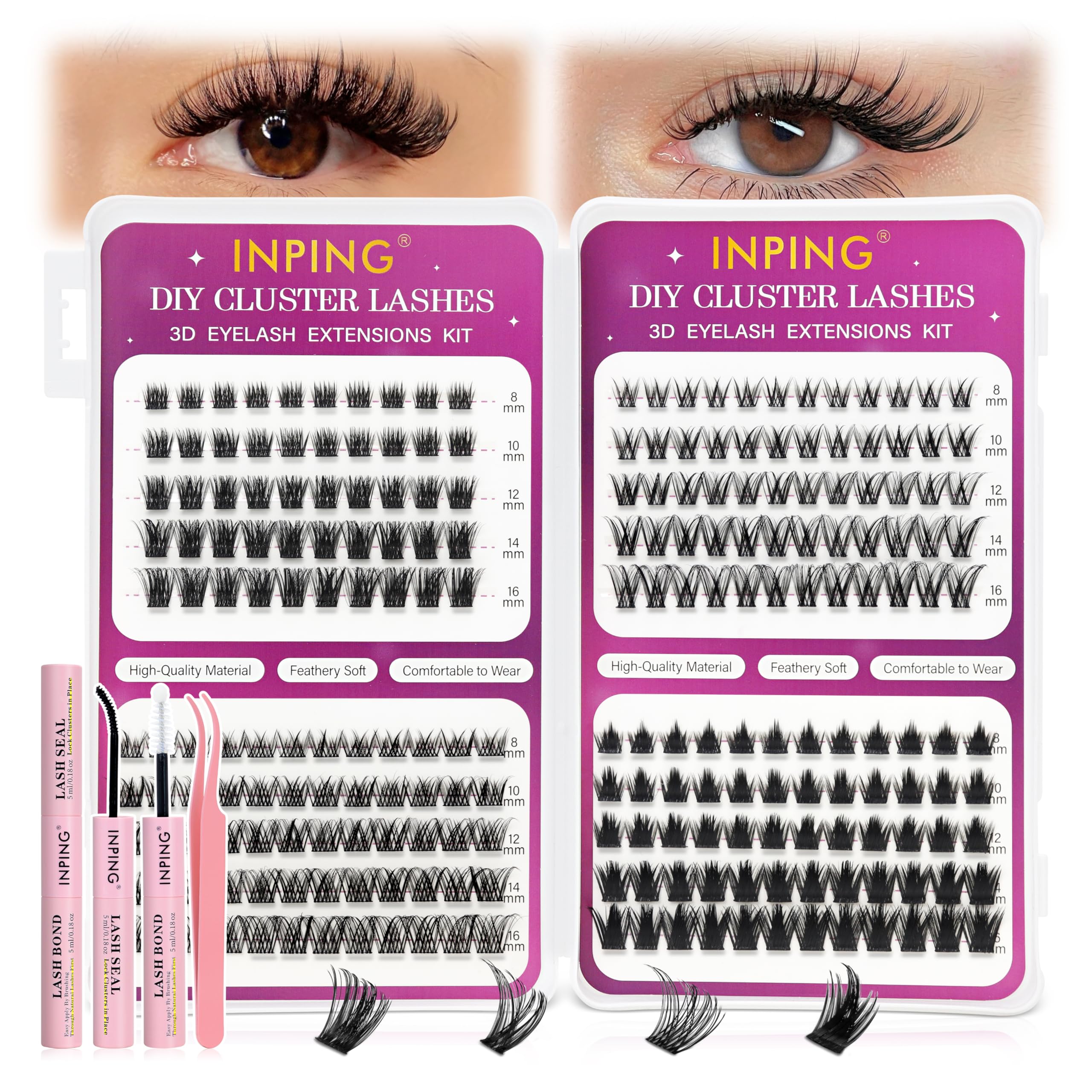 INPING Sztuczne rzęsy, 4 MIX objętość Wispy rzęsy do włosów, 8-16mm | 230 szt., przedłużanie rzęs C Curl, Lash Bond i uszczelka, pęseta, klaster Lash dla początkujących DIY w domu