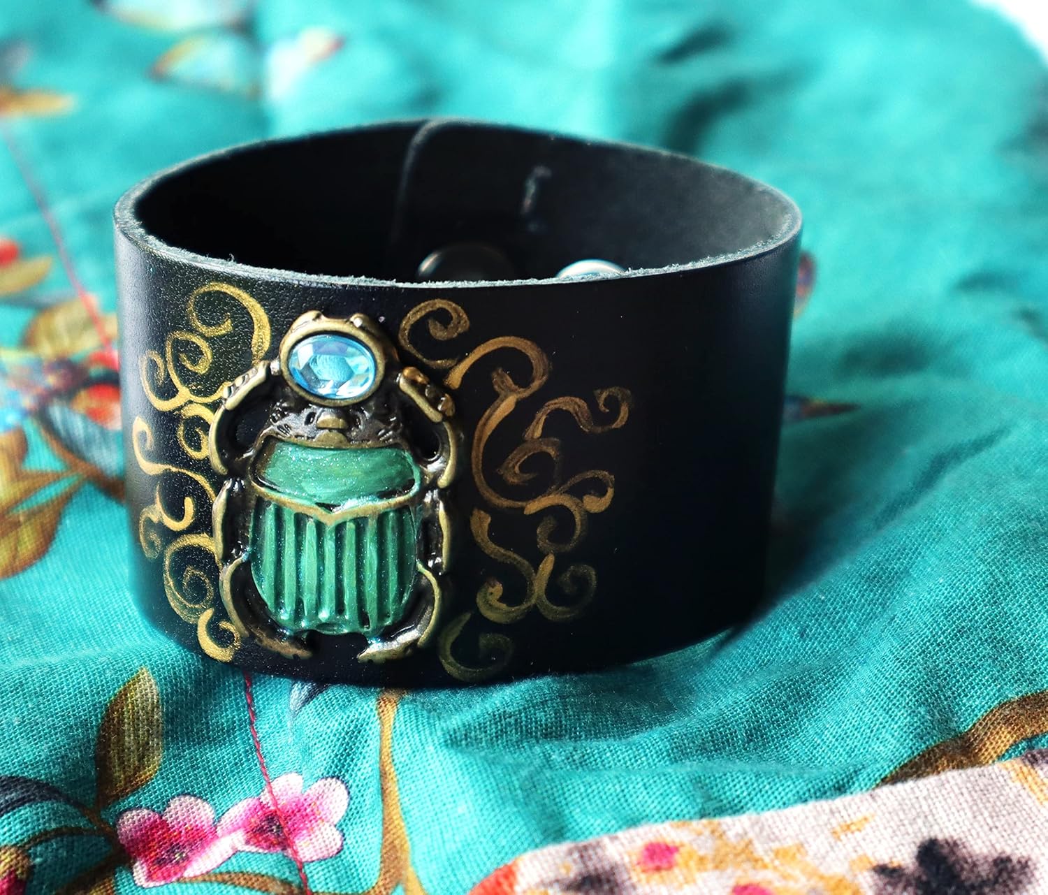 Mystical Egyptian Scarab Beetle Black Leather Cuff Bracelet Lucky Boho Protection Jewelry for Women Teen Girls