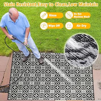 Alfolo Outdoor Rug Waterproof 4x6 Outdoor Mat Small Porch Balcony Rug,Reversible Plastic Straw Rug for Camping Black and White Outdoor Mats for Patio, Deck, RV, Camping, Beach, Backyard