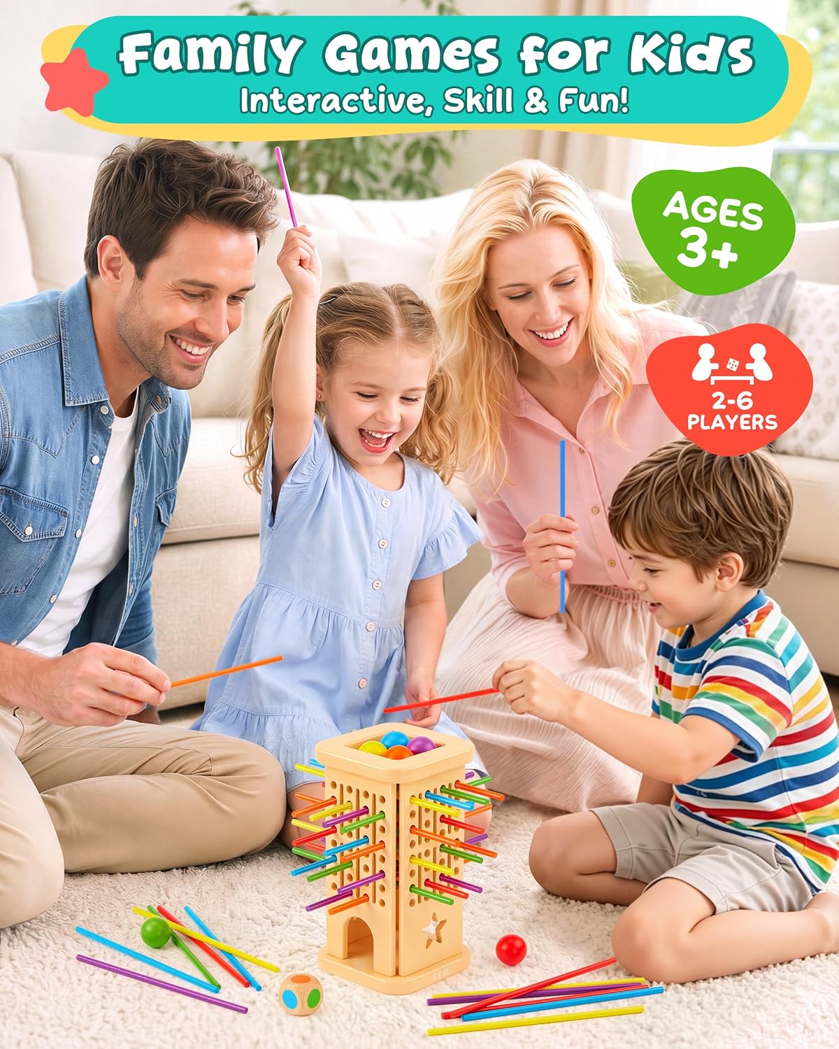 Montessori Board Game for Kids 4-6, Wooden Colorful Sticks Ball Drop Games image 4