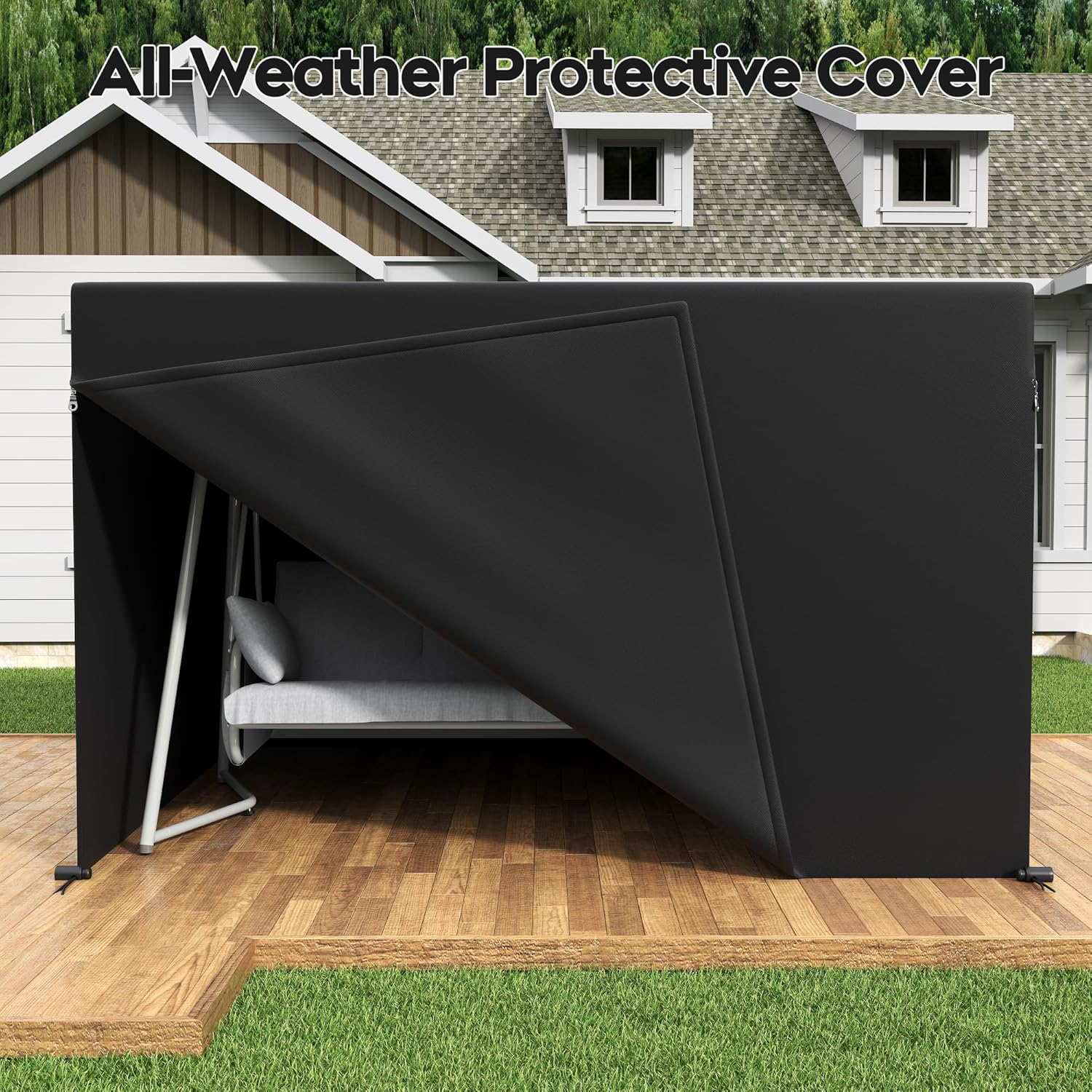 Porch Swing Sofa Bed with Stand and Canopy, Outdoor 3-Seat Bench Swing Heavy Duty, Patio Extra Large Swing Bed with Rain Cover