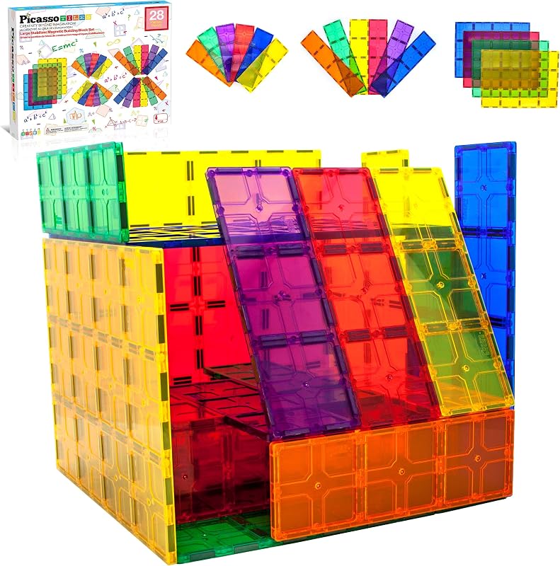 Juego de 28 piezas de azulejos magnéticos grandes, estabilizador STEM para niños mayores de 3 años | Funciona como base, columna, soporte de pilar, imanes extrafuertes, colores vivos y claros, tiempo de juego preescolar creativo y seguro.