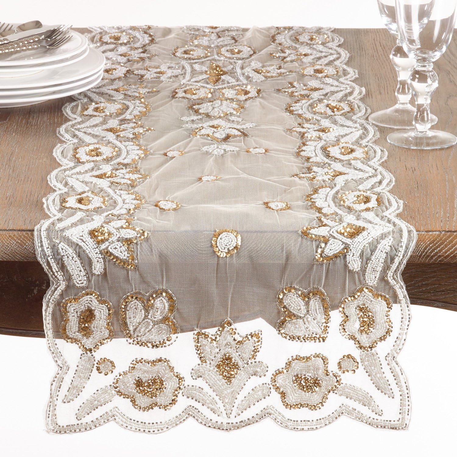 Gold Hand Beaded Flower Design Table Runner, 16" X 72" Rectangular