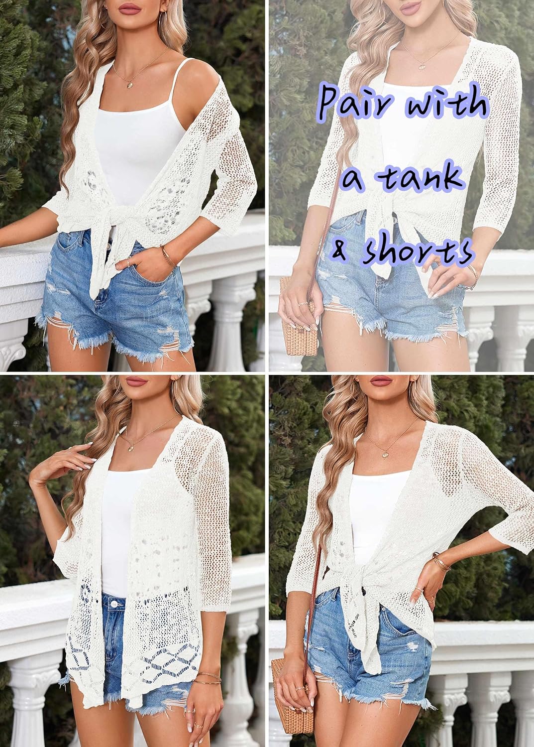 Saodimallsu Womens Sheer Shrug Cardigan 3/4 Sleeve Tie Front Lightweight Cover Up Crochet Knit Bolero Sweater Tops
