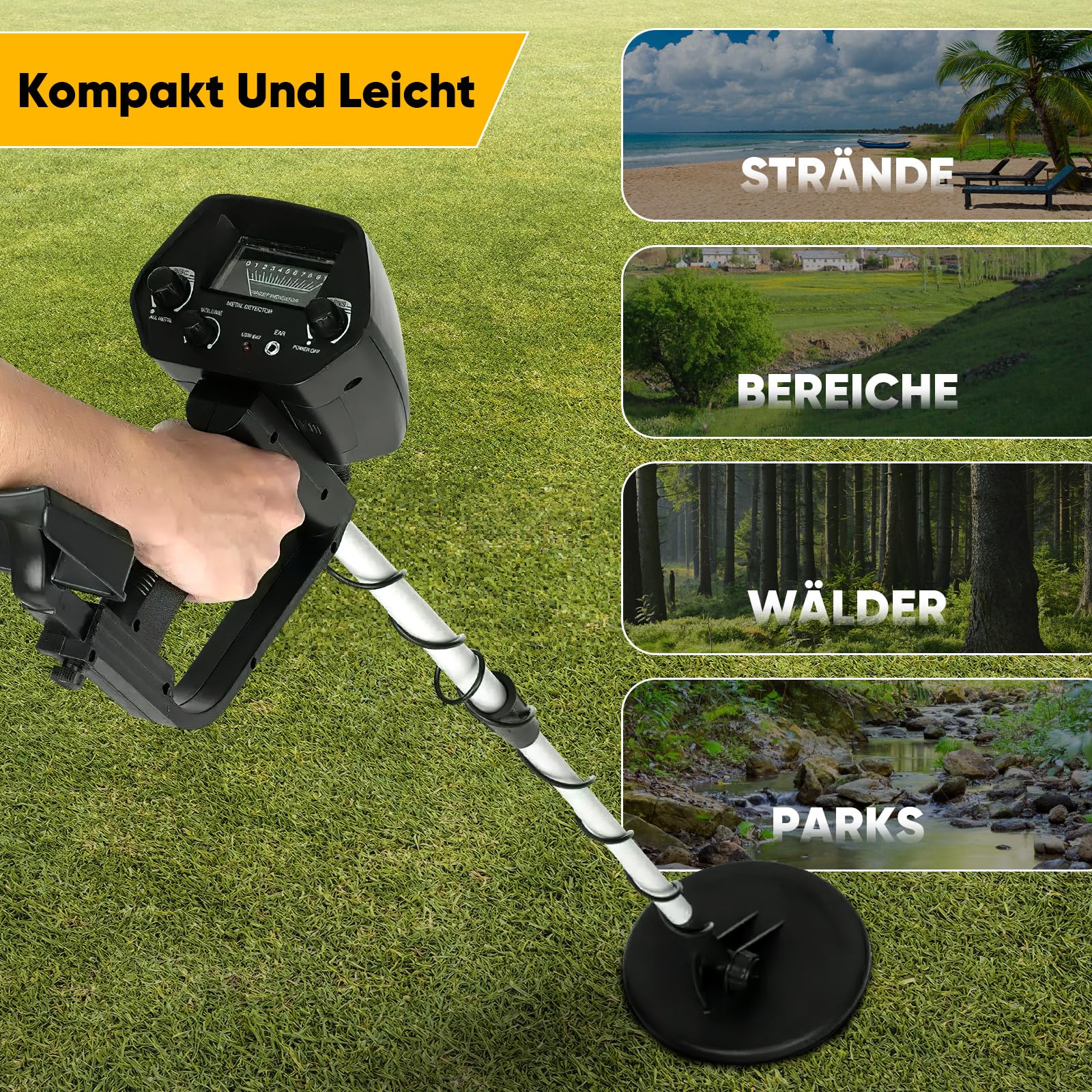 Rilevatore di metalli professionale leggero 930g, bobina impermeabile IP68 20cm, 2 modalità, lunghezza regolabile 76-107cm, per adulti bambini principianti, caccia al tesoro outdoor