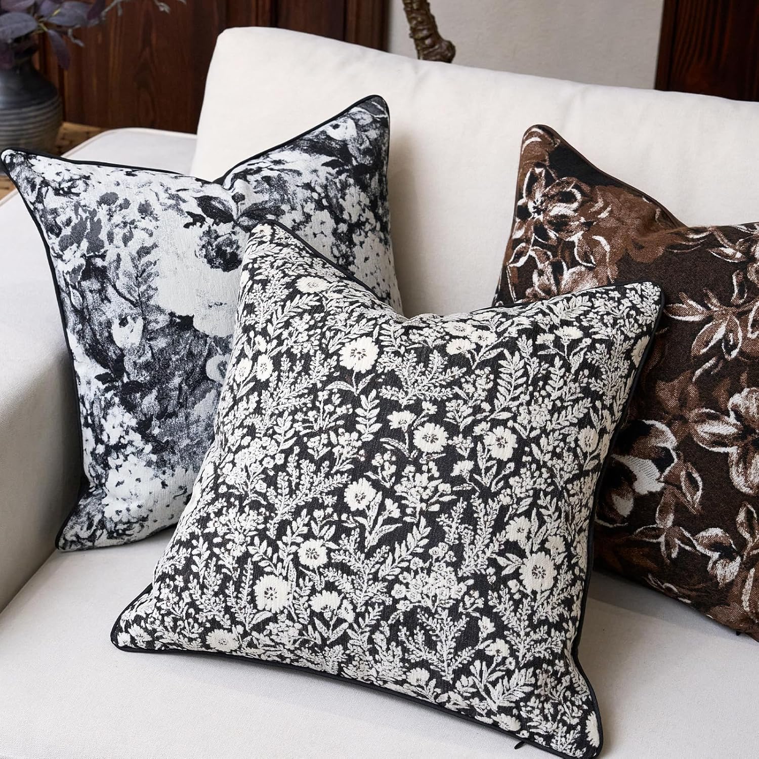 Aeckself Pack of 2 Decorative Chenille Floral Throw Pillow Covers Vintage Couch Pillow Covers 18 x 18 Inch Neutral Farmhouse Cushion Covers Home Decor for Sofa Bed Living Room Black