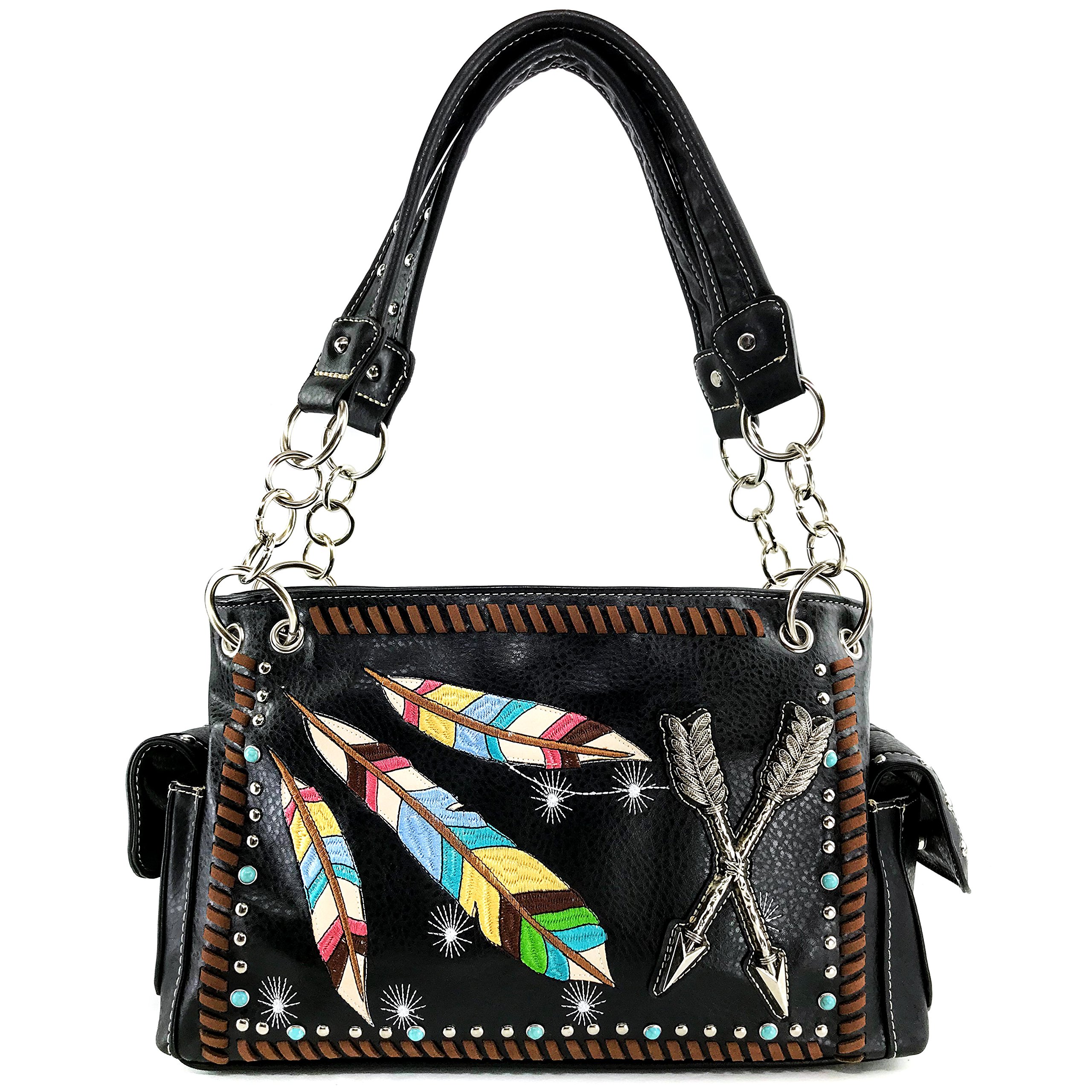 Justin West Native Color Feather Arrow Turquoise Stud Weave Fringe Conceal Carry Shoulder Handbag Purse | Trifold Wallet (Black Handbag Only)