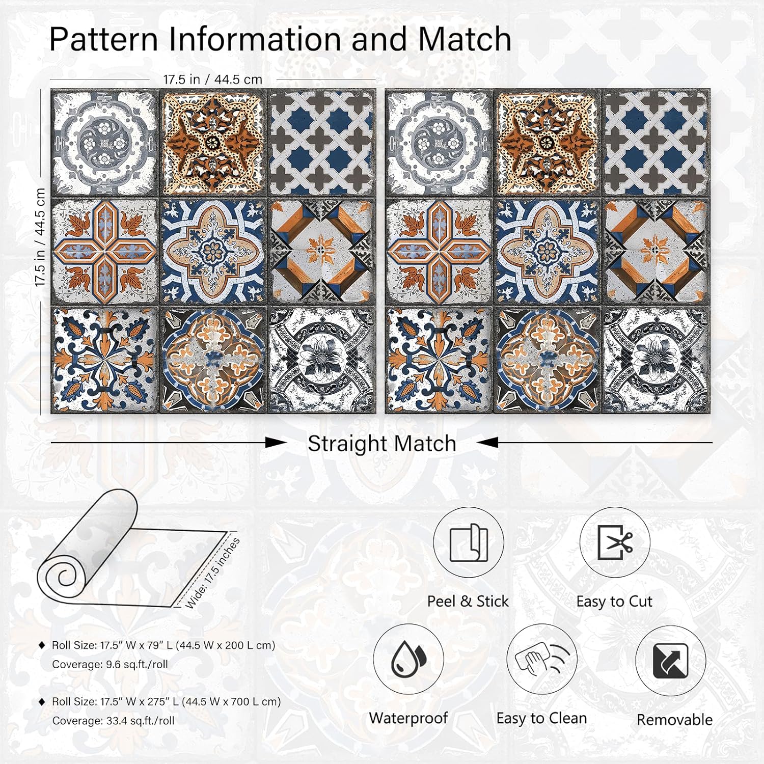LACHEERY Kitchen Backsplash Wallpaper Boho Tile Wallpaper for Kitchen Back Splash Peel and Stick Wall Paper for Bathroom Waterproof Vintage Mediterranean Tiles Removable Contact Paper Roll 17.5"x79"