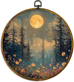 XPH Moonlit Wildflower Forest Round Wall Art Framed, Mystical Full Moon Woodland Circle Wall Decor, Rustic Nature Nightscape Floral Hanging Canvas Prints for Office Home Decoration, 10x10 Inch