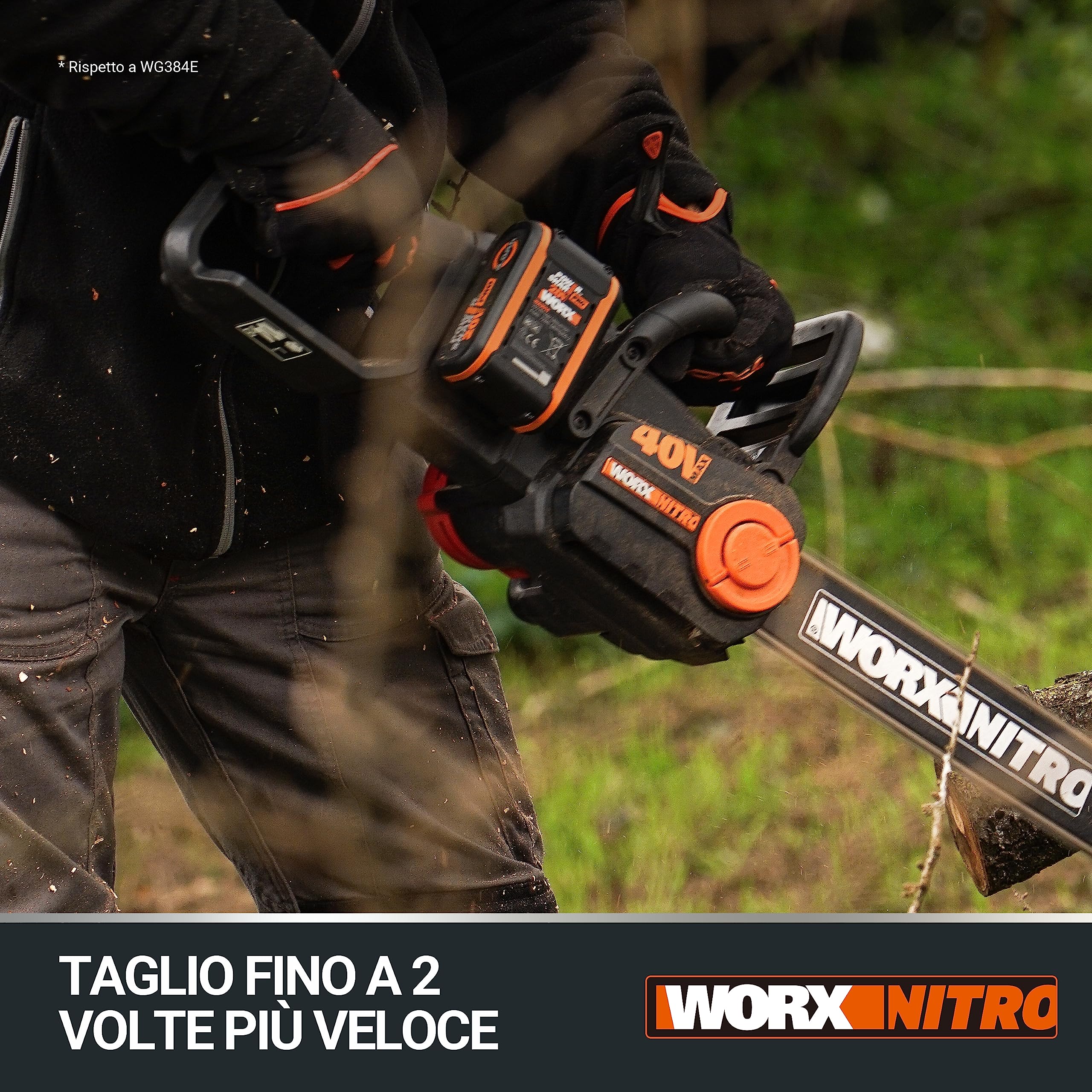 WORX Piła łańcuchowa Nitro 40V (2x20V) | PowerShare | WG385E.9 | Nie obejmuje baterii i ładowarki | Silnik bezszczotkowy | Miecz 40 cm | Hamulec łańcucha i automatyczne smarowanie