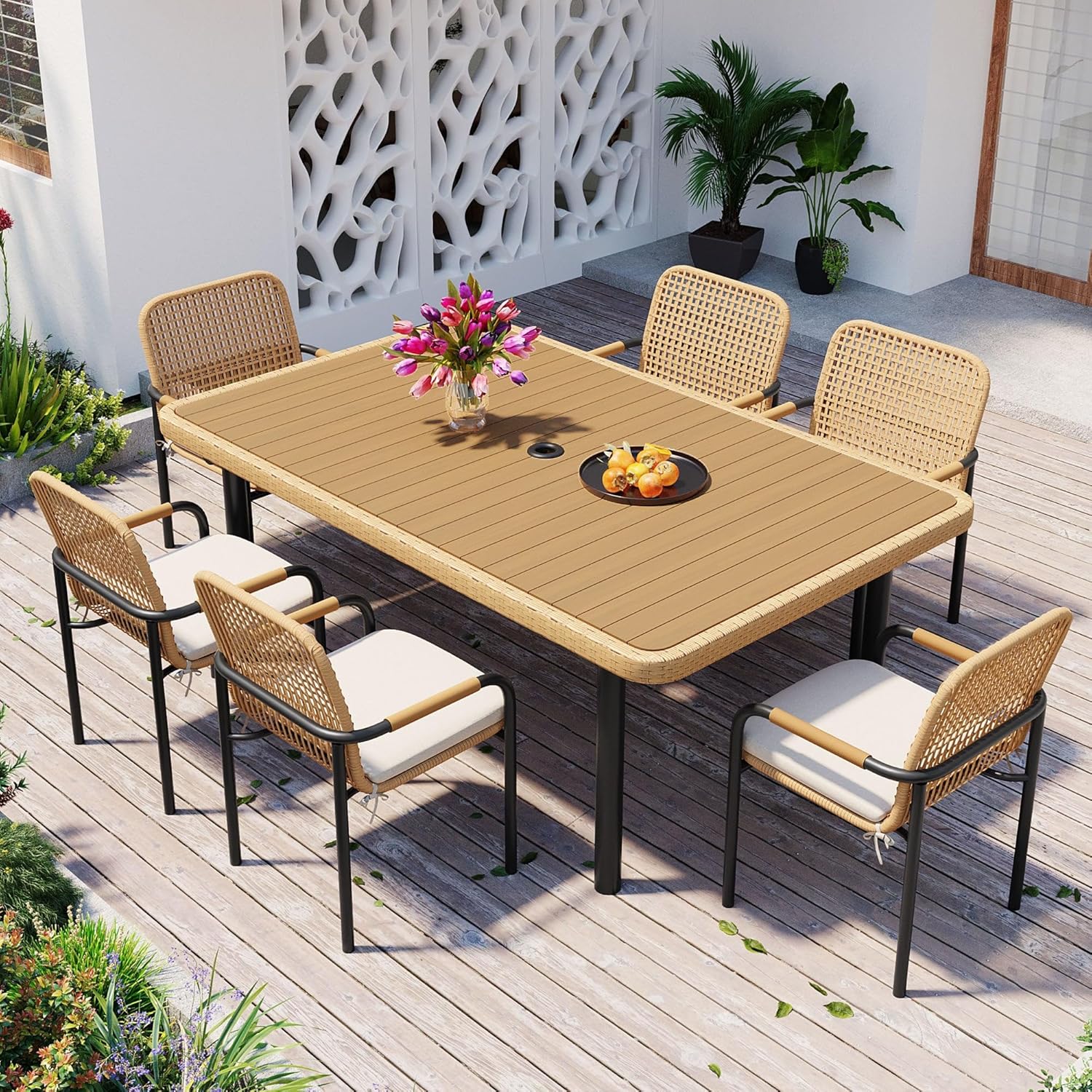 7 Pieces Patio Dining Set, Outdoor Wicker Furniture Set, Plastic-Wood Table Top with Umbrella Hole, Rattan Dining Set for Backyard, Garden and Poolside,Beige Cushions (Beige)